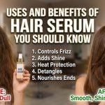 A woman with shiny, smooth hair holding a bottle of hair serum, with ingredients like onion and olive oil in the background.