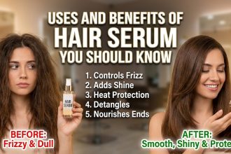 A woman with shiny, smooth hair holding a bottle of hair serum, with ingredients like onion and olive oil in the background.
