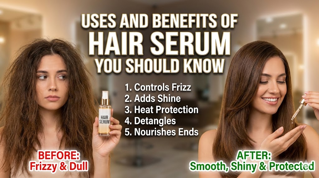 A woman with shiny, smooth hair holding a bottle of hair serum, with ingredients like onion and olive oil in the background.