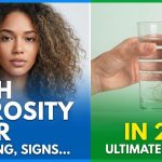 A woman brushing her wet, curly hair in front of a mirror, alongside a glass of water demonstrating the hair porosity float test.
