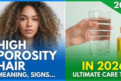 A woman brushing her wet, curly hair in front of a mirror, alongside a glass of water demonstrating the hair porosity float test.
