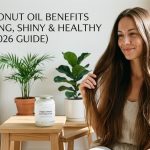 A person with long, shiny, and healthy hair gently massaging organic coconut oil into their scalp before washing.