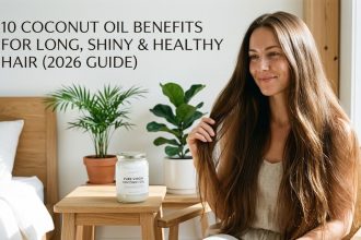 A person with long, shiny, and healthy hair gently massaging organic coconut oil into their scalp before washing.