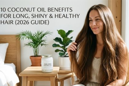 A person with long, shiny, and healthy hair gently massaging organic coconut oil into their scalp before washing.