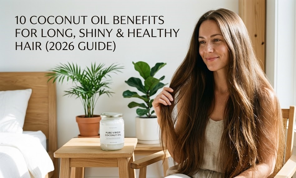 A person with long, shiny, and healthy hair gently massaging organic coconut oil into their scalp before washing.