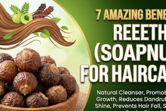 A bowl of dried Reetha (soapnuts) next to a wooden spoon containing fine Reetha powder and a bottle of herbal hair oil.
