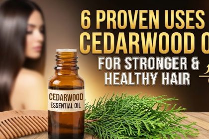 A small glass bottle of cedarwood essential oil resting on a wooden table next to fresh cedar branches.