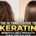 A woman with smooth, glossy, healthy hair smiling while holding a bottle of natural keratin-infused hair serum.
