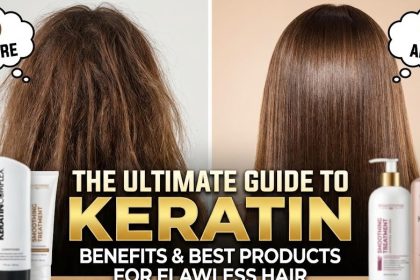 A woman with smooth, glossy, healthy hair smiling while holding a bottle of natural keratin-infused hair serum.
