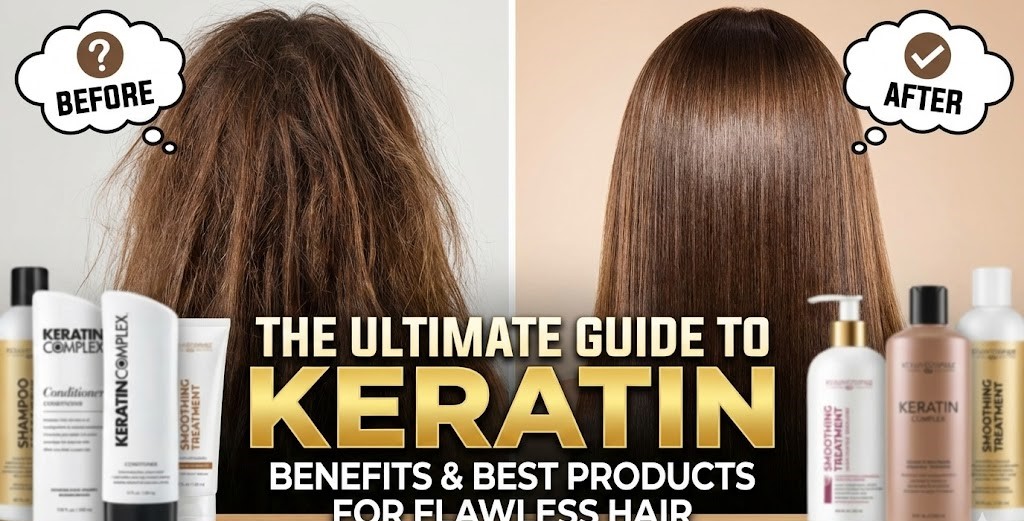 A woman with smooth, glossy, healthy hair smiling while holding a bottle of natural keratin-infused hair serum.
