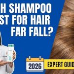 A woman with long, healthy hair holding a bottle of natural, sulfate-free onion shampoo in a brightly lit bathroom.