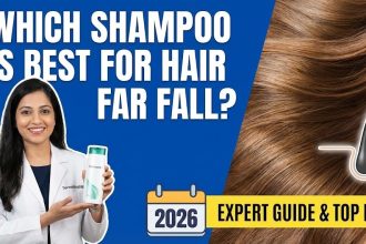 A woman with long, healthy hair holding a bottle of natural, sulfate-free onion shampoo in a brightly lit bathroom.