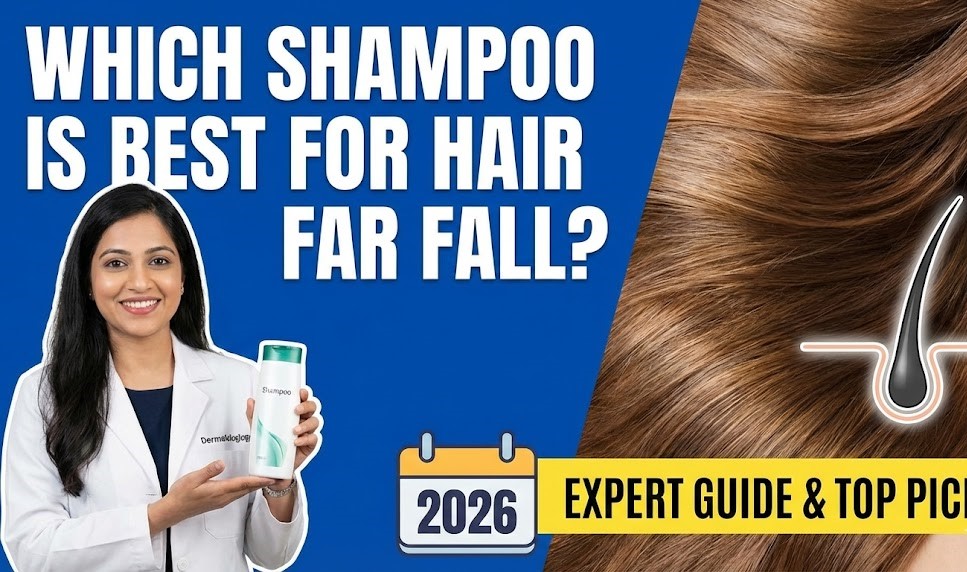 A woman with long, healthy hair holding a bottle of natural, sulfate-free onion shampoo in a brightly lit bathroom.
