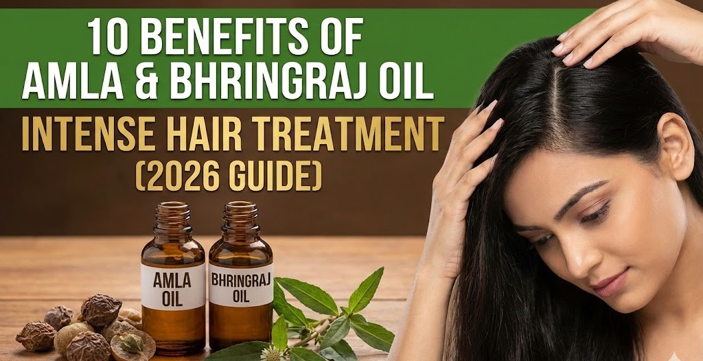A bottle of golden Bhringraj and Amla hair oil sitting on a wooden table next to fresh green Amla fruit and raw botanical leaves.