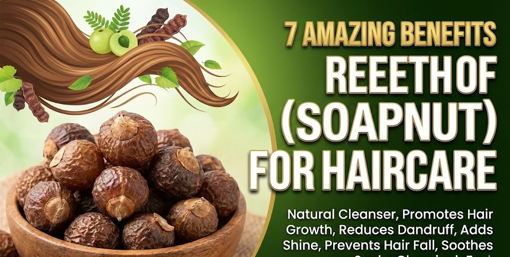 A bowl of dried Reetha (soapnuts) next to a wooden spoon containing fine Reetha powder and a bottle of herbal hair oil.