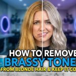 A woman with bright, cool-toned blonde hair looking over her shoulder after washing with a neutralizing purple shampoo.