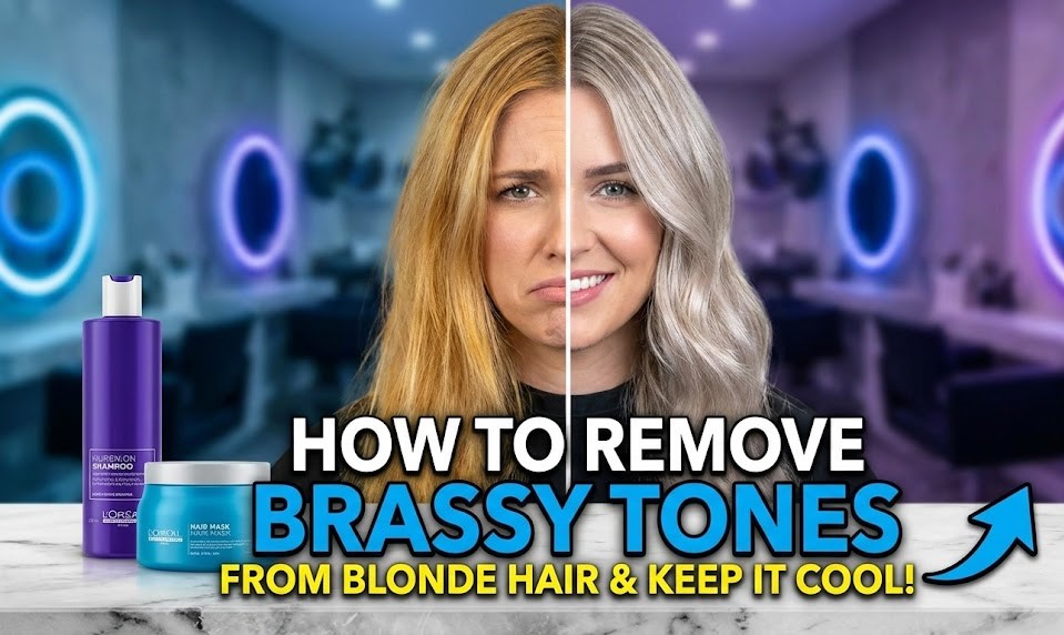 A woman with bright, cool-toned blonde hair looking over her shoulder after washing with a neutralizing purple shampoo.