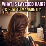 A woman with beautifully styled, voluminous long layered hair smiling in a salon.