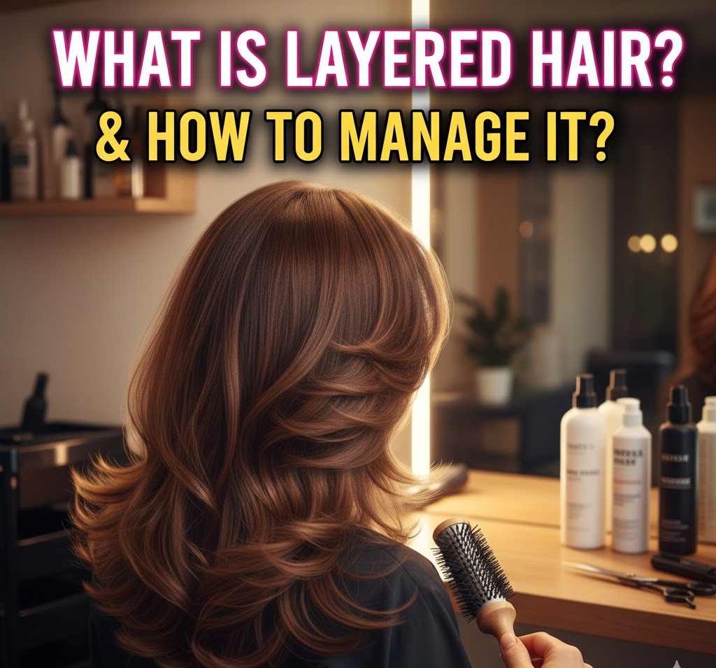A woman with beautifully styled, voluminous long layered hair smiling in a salon.