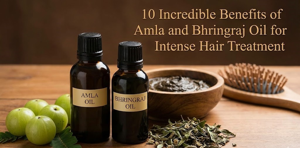 A bottle of natural Amla and Bhringraj hair oil sitting next to fresh Indian Gooseberries and green herbs on a wooden table.