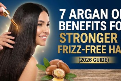A bottle of golden argan hair oil sitting next to raw argan kernels on a smooth wooden surface.