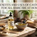 A bottle of pure cold-pressed castor oil with a dropper, surrounded by castor beans on a wooden surface.