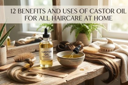 A bottle of pure cold-pressed castor oil with a dropper, surrounded by castor beans on a wooden surface.