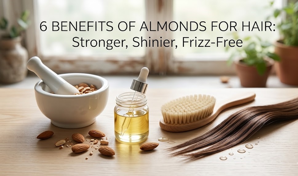 A wooden bowl filled with fresh almonds next to a bottle of almond hair oil, symbolizing natural hair care.