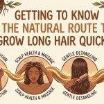 A woman gently massaging natural rosemary and jojoba oil into her scalp to promote healthy blood circulation and long hair growth.