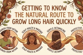 A woman gently massaging natural rosemary and jojoba oil into her scalp to promote healthy blood circulation and long hair growth.