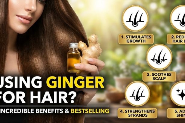 Fresh ginger roots and a bottle of ginger-infused hair oil sitting on a wooden table next to a green plant.