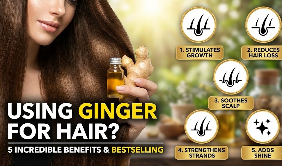 Fresh ginger roots and a bottle of ginger-infused hair oil sitting on a wooden table next to a green plant.