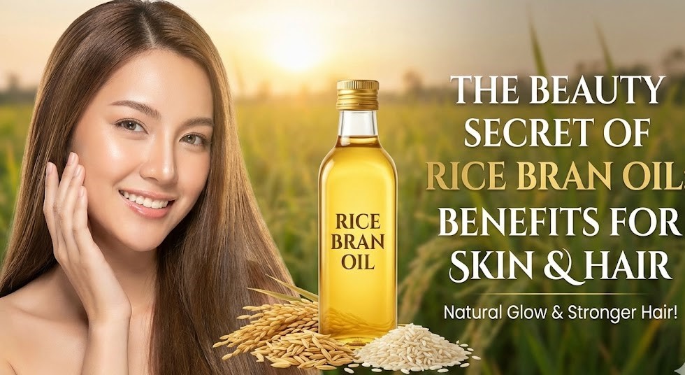 A wooden spoon filled with golden rice bran oil sitting next to a bowl of rice grains and a bottle of hair oil.