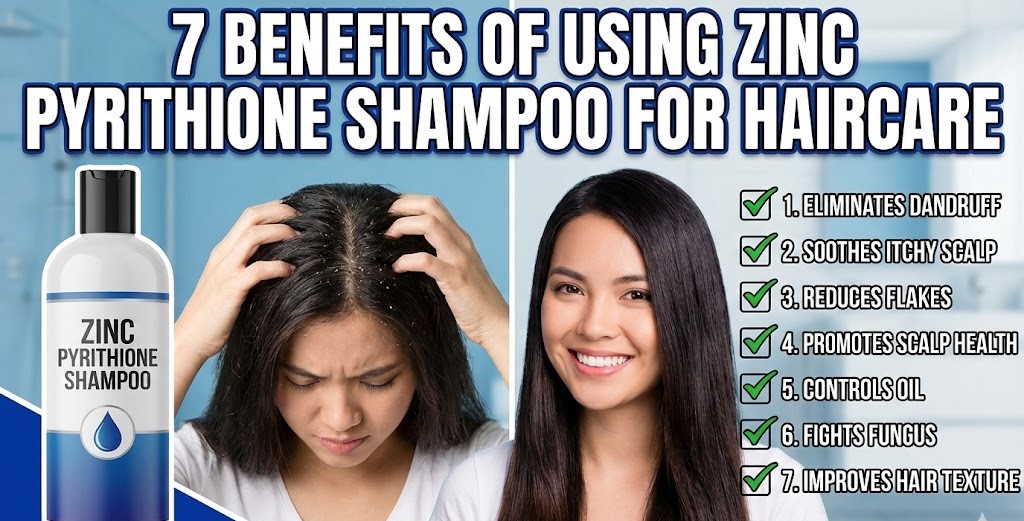 A bottle of anti-dandruff shampoo containing Zinc Pyrithione placed next to fresh lemon and ginger slices on a bathroom counter.