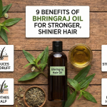 A bottle of Bhringraj hair oil placed next to fresh Amla fruit and green herbs, symbolizing natural hair care.