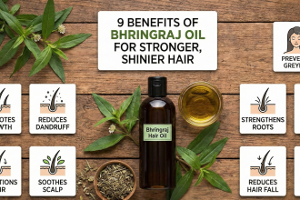 A bottle of Bhringraj hair oil placed next to fresh Amla fruit and green herbs, symbolizing natural hair care.