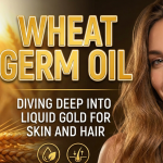 A bottle of golden wheat germ oil next to wheat stalks, symbolizing natural skincare ingredients.