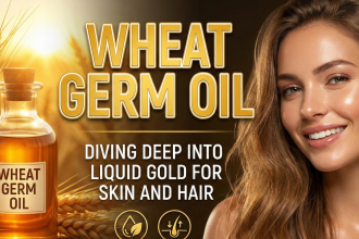 A bottle of golden wheat germ oil next to wheat stalks, symbolizing natural skincare ingredients.
