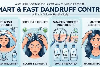 A person checking their scalp for dandruff and applying a soothing tea tree hair oil.