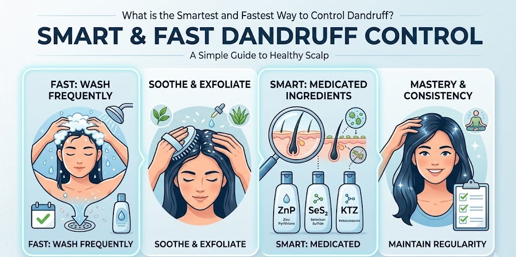 A person checking their scalp for dandruff and applying a soothing tea tree hair oil.