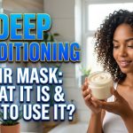 A woman applying a white, creamy hair mask to her damp hair; Infographic showing the difference between conditioner and hair mask.