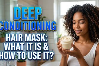 A woman applying a white, creamy hair mask to her damp hair; Infographic showing the difference between conditioner and hair mask.