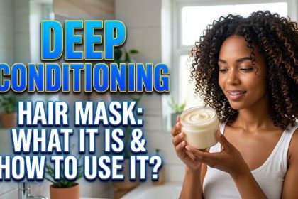 A woman applying a white, creamy hair mask to her damp hair; Infographic showing the difference between conditioner and hair mask.