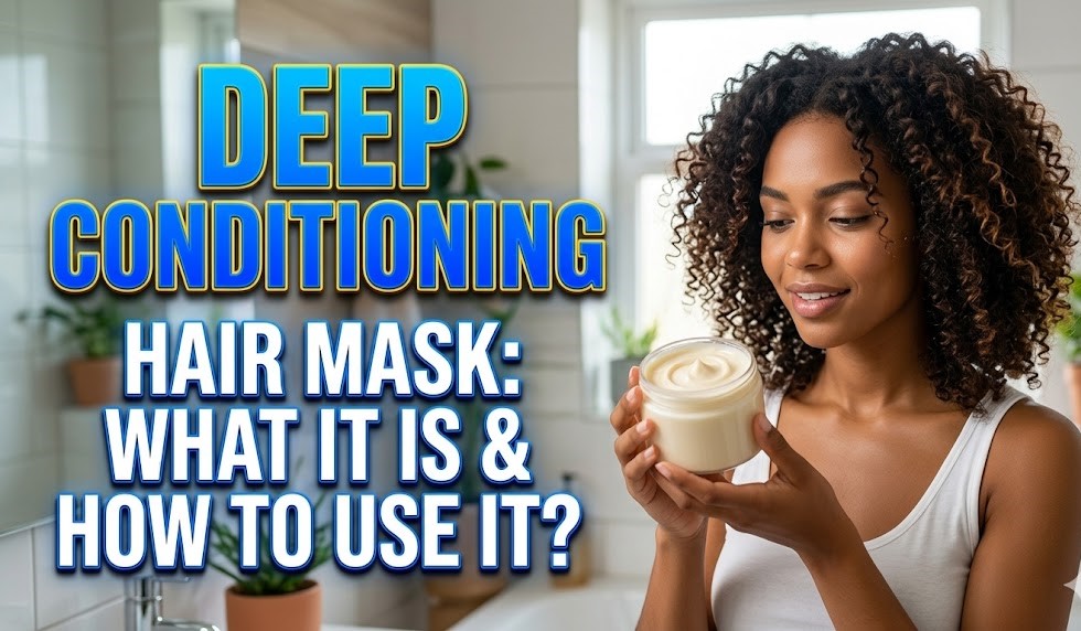 A woman applying a white, creamy hair mask to her damp hair; Infographic showing the difference between conditioner and hair mask.