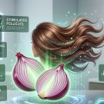 A bottle of onion hair oil next to a fresh red onion, symbolizing natural hair care ingredients.