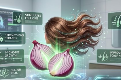 A bottle of onion hair oil next to a fresh red onion, symbolizing natural hair care ingredients.