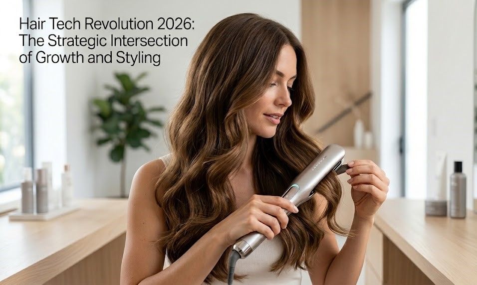 Digital render of a laser hair growth helmet and an infrared ionic hair dryer side-by-side, representing the 2026 growth and styling protocol.