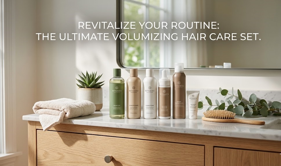 A highly clinical digital flat-lay of the Maple Holistics Rosemary Biotin shampoo and conditioner bottles alongside fresh rosemary sprigs on a minimalist beige background.