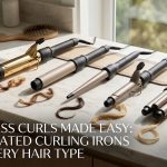 A highly clinical digital flat-lay of a sleek metallic gray automatic curling iron and a gold 1.5-inch long barrel wand arrayed on a sterile white surface.