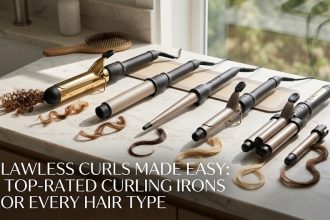 A highly clinical digital flat-lay of a sleek metallic gray automatic curling iron and a gold 1.5-inch long barrel wand arrayed on a sterile white surface.